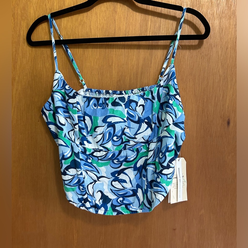 Midnight Sky Crop Top Boning Adjustable Straps Bandana Blue Elastic Back size L